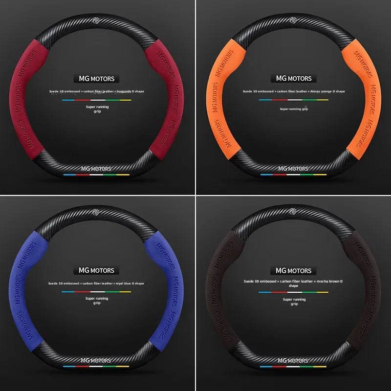 MG Accessories + Carbon Fiber & Wooden Steering Wheel Covers | Scorpion Seat Emblem, Necklace, Wooden Lantern - Mocha Brown D-shaped