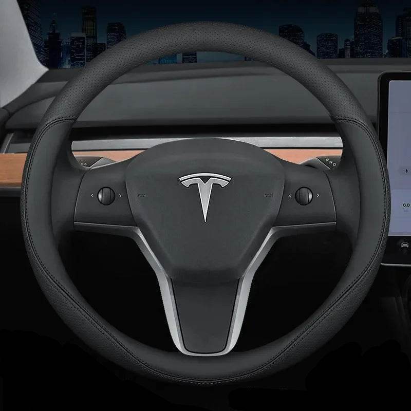 Tesla Premium Leather Steering Wheel Cover - 38 O BLACK