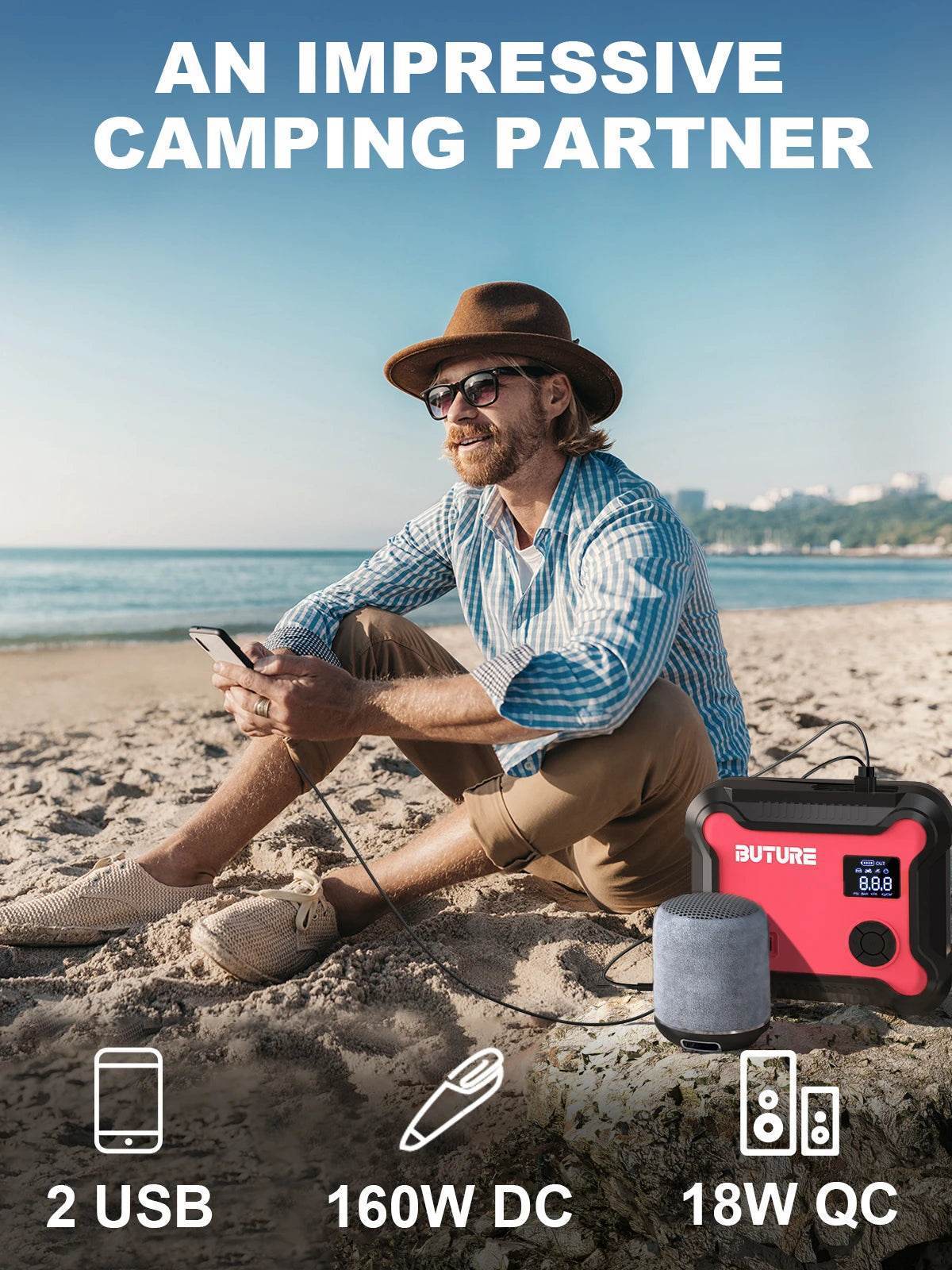 Buture 5-in-1 Car Jump Starter – 26800mAh Power Bank, Air Compressor, Digital Tire Inflator & 160W DC Output -