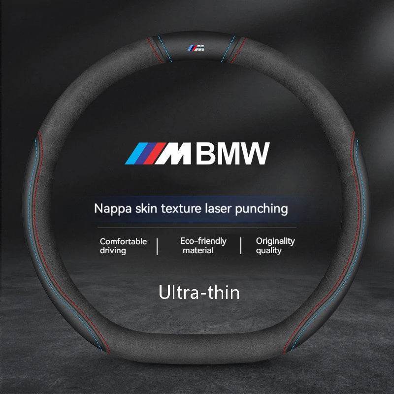 BMW Carbon Fiber Suede Leather Steering Wheel Cover for M Series , X1, X3, X5, X6, E39, E46, E87, E90, E92, F10, F15, F25, F30 - O-M Style B black