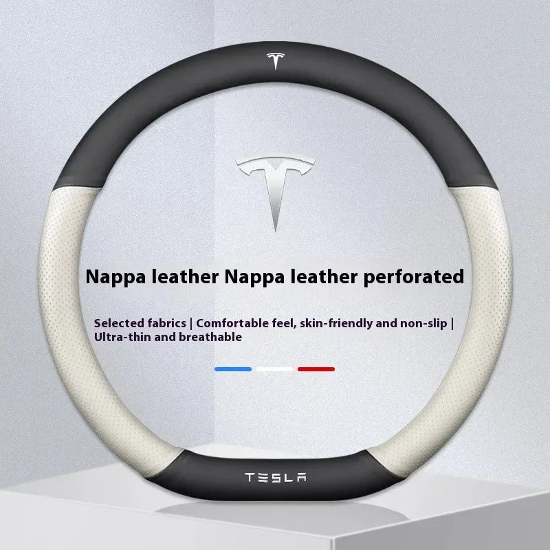Tesla Suede Steering Wheel Cover – Anti-Slip, Breathable Leather Grip - Black&White Leather