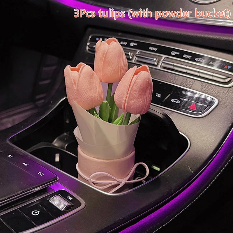 Cute Tulip Car Dashboard Ornament – Mini Flower Bouquet Decor