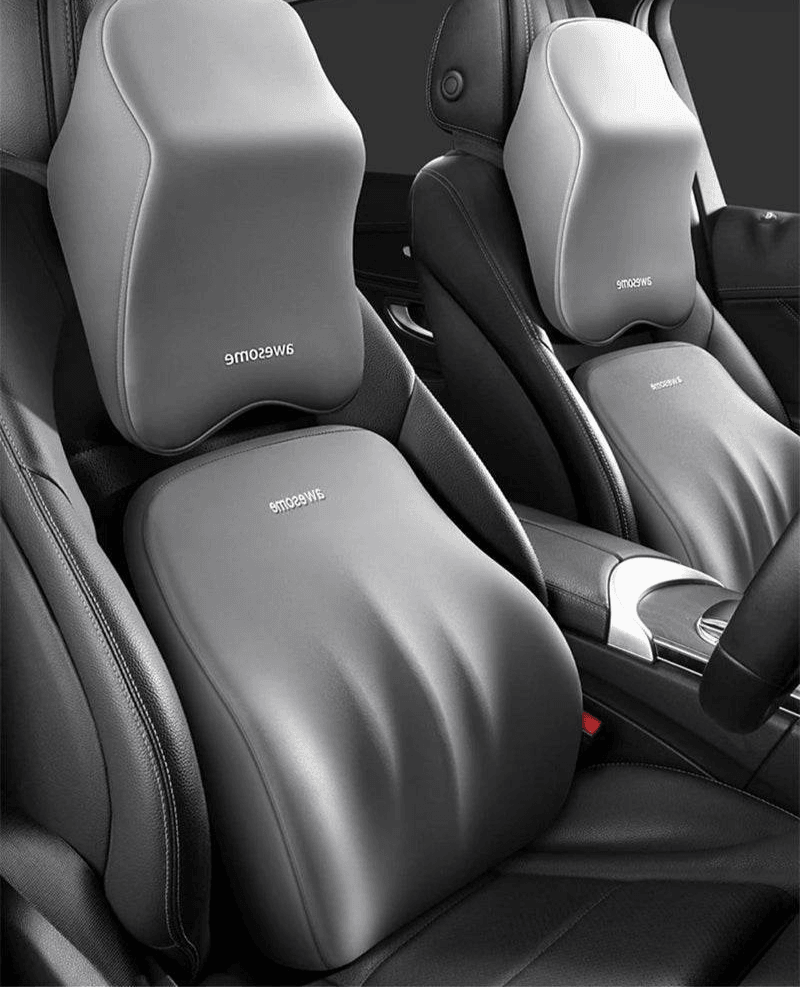 Ergonomic Car Lumbar & Neck Support Pillow Set – Memory Foam Cushion for Back & Headrest - Grey Set