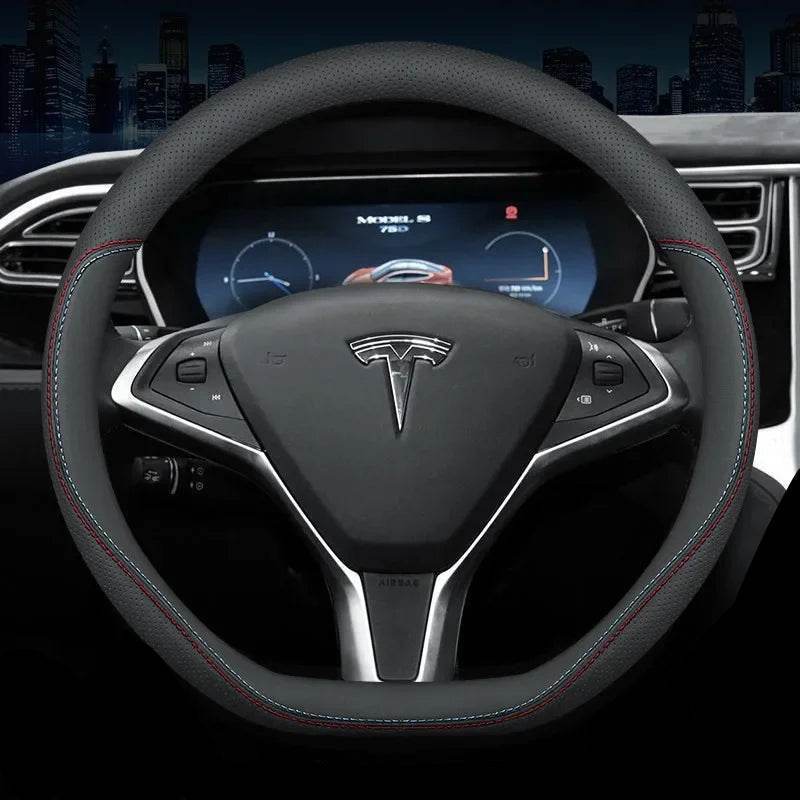 Tesla Premium Leather Steering Wheel Cover - 36 O BLACK
