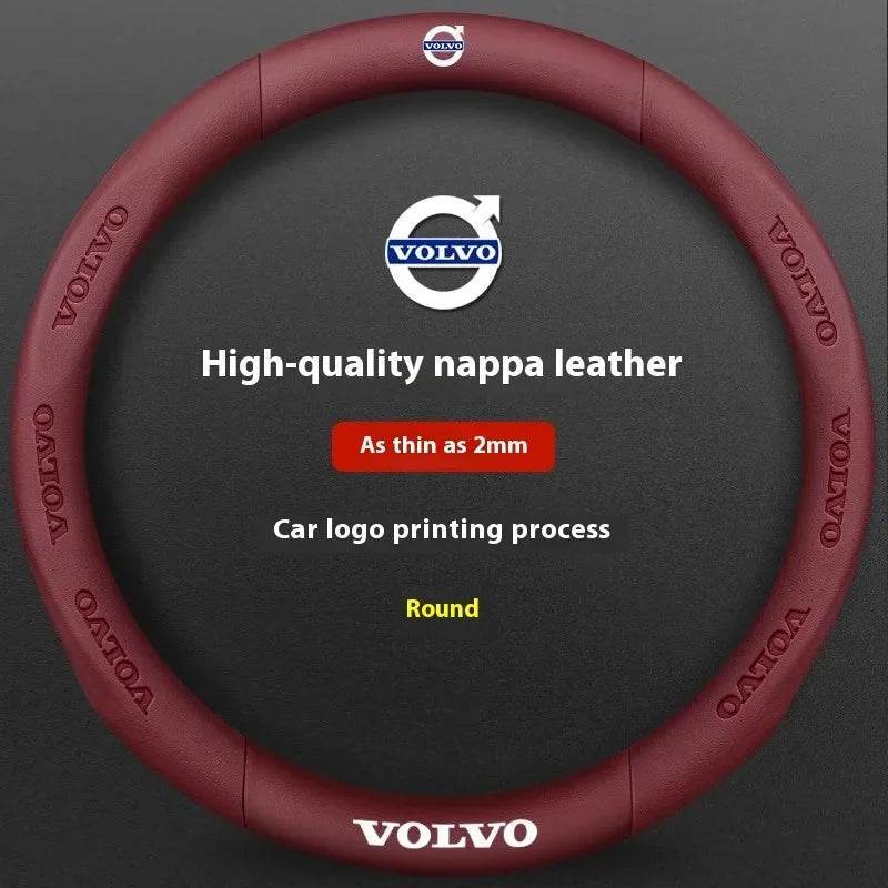 Volvo Carbon Fiber Leather Steering Wheel Cover - Leather Wine red
