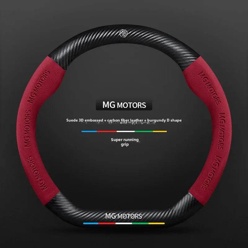 MG Accessories + Carbon Fiber & Wooden Steering Wheel Covers | Scorpion Seat Emblem, Necklace, Wooden Lantern - Mocha Brown D-shaped