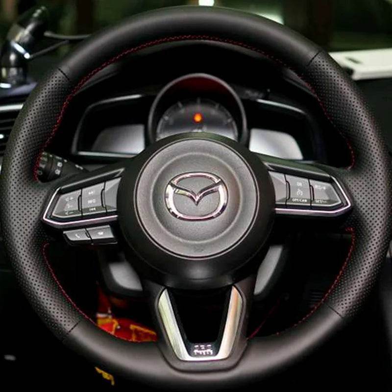 Mazda DIY Black Microfiber Leather Steering Wheel Cover - Gray Thread