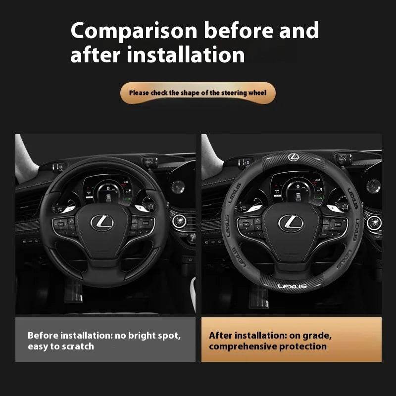 Lexus F SPORT Carbon Fiber Leather Steering Wheel Cover – Fits ES200, ES300, RX300, NX300, IS300, UX300, LX570, GX & More - Leather Black
