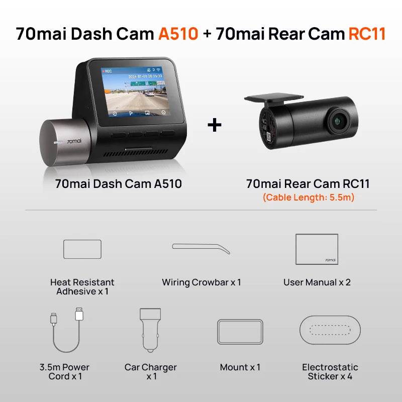 Dash Cam A510 | HDR, GPS, ADAS, 4G Connectivity, 24H Parking Support, Rear Camera - A510-1 Front Rear
