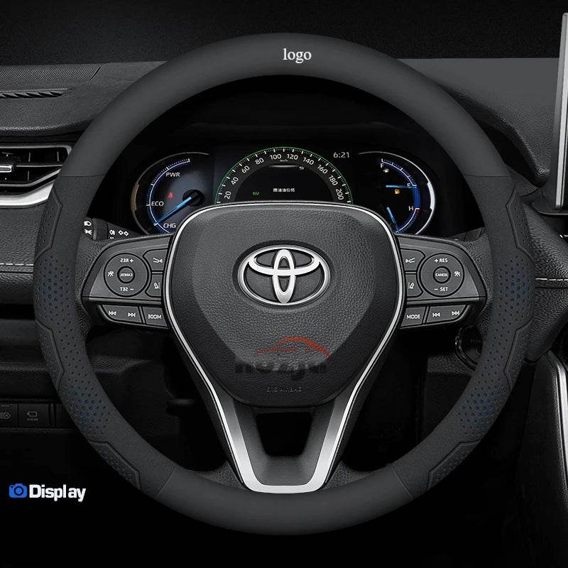 Toyota Carbon Fiber Leather Steering Wheel Cover - blue leather