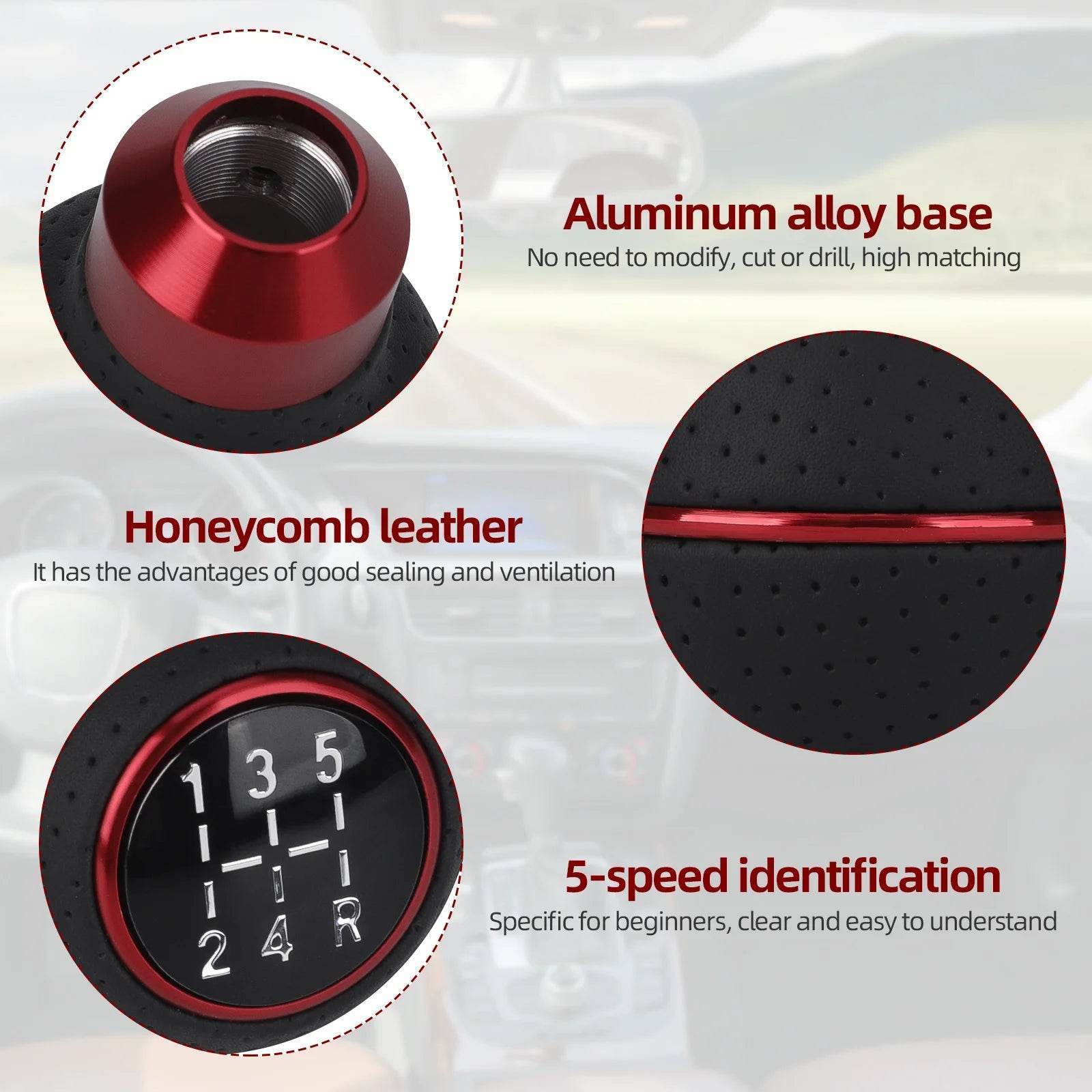 Universal 5-Speed Gear Shift Knob | Leather & Aluminium | M8–M12 Compatible - Black