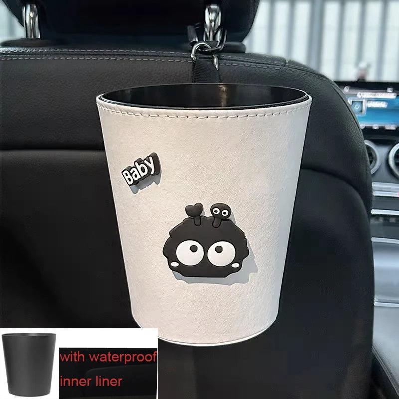 2pc Leather Car Trash Bin Cartoon Coal Ball Headrest Organizer Bag