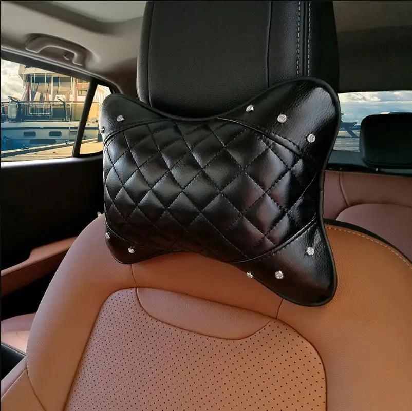 Crystal Crown Leather Car Neck Pillow - Bone Shape Headrest Support