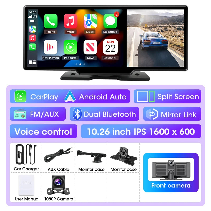 10"/11.26" 4K Dash Cam Car DVR with Wireless CarPlay & Android Auto – GPS Navigation, Dual Lens, WiFi, FM, AUX