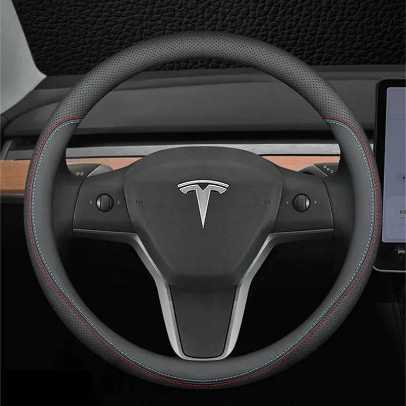 Tesla Premium Leather Steering Wheel Cover - 36 O BLACK