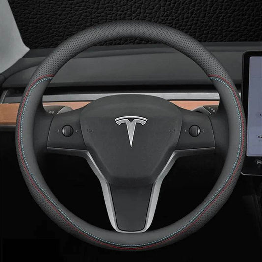 Tesla Premium Leather Steering Wheel Cover - 36 O BLACK
