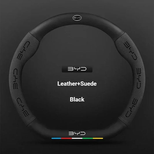 BYD Carbon Fiber Leather Steering Wheel Cover - D Black Leather