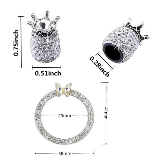 5PCS Diamond Crown Tire Valve Caps + Rhinestone Start Button Set