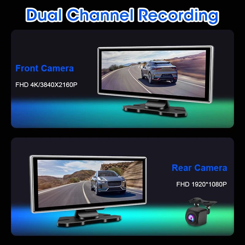 10"/11.26" 4K Dash Cam Car DVR with Wireless CarPlay & Android Auto – GPS Navigation, Dual Lens, WiFi, FM, AUX