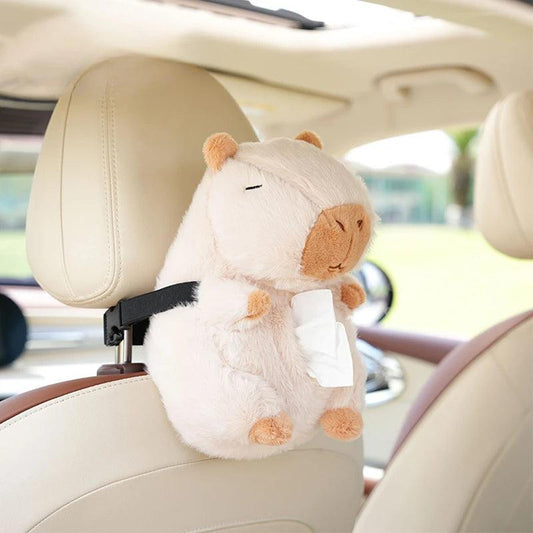 Capybara Plush Hanging Car Tissue Box Holder Backseat Organizer - Beige