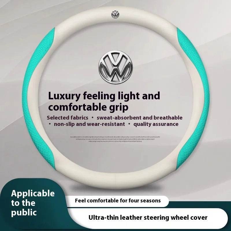 Volkswagen Carbon Fiber Leather Steering Wheel Cover - O Emboss Sky blue