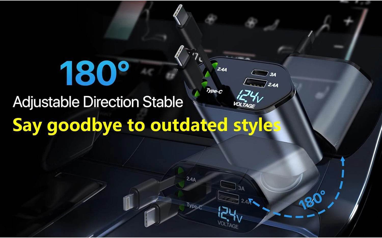 120W Fast Car Charger 4-in-1 with Retractable Cable, Dual USB & Dual Type-C -