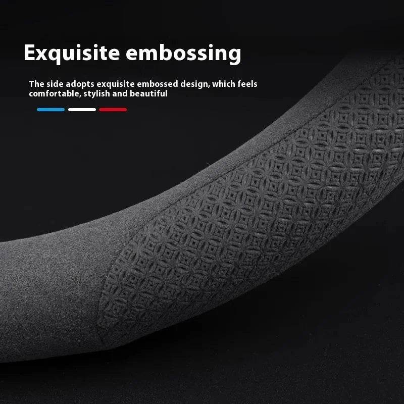 Volvo Carbon Fiber Leather Steering Wheel Cover - Embossed Black