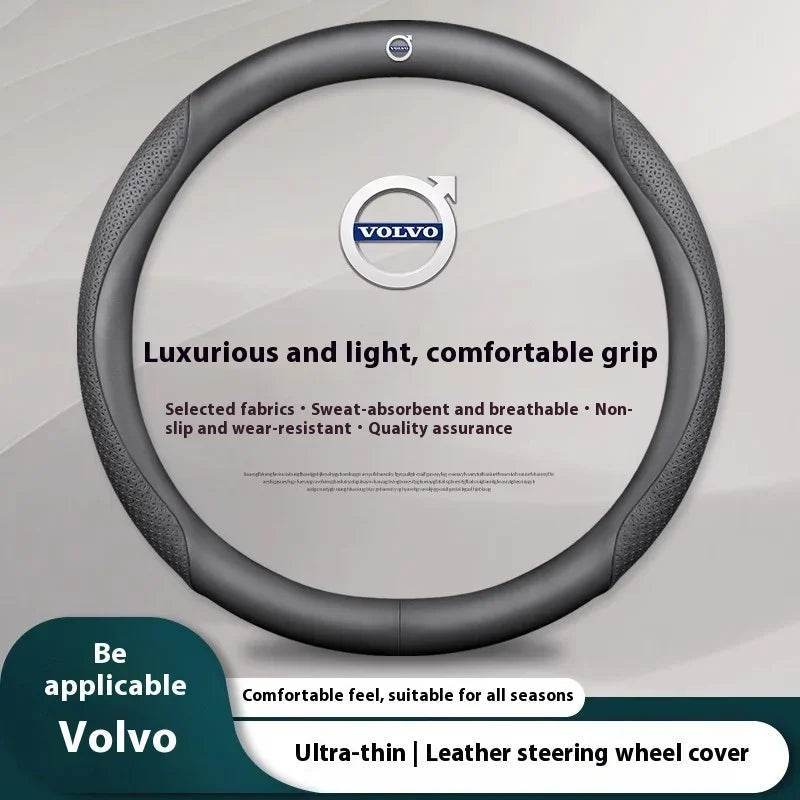 Volvo Carbon Fiber Leather Steering Wheel Cover - Embossed Black