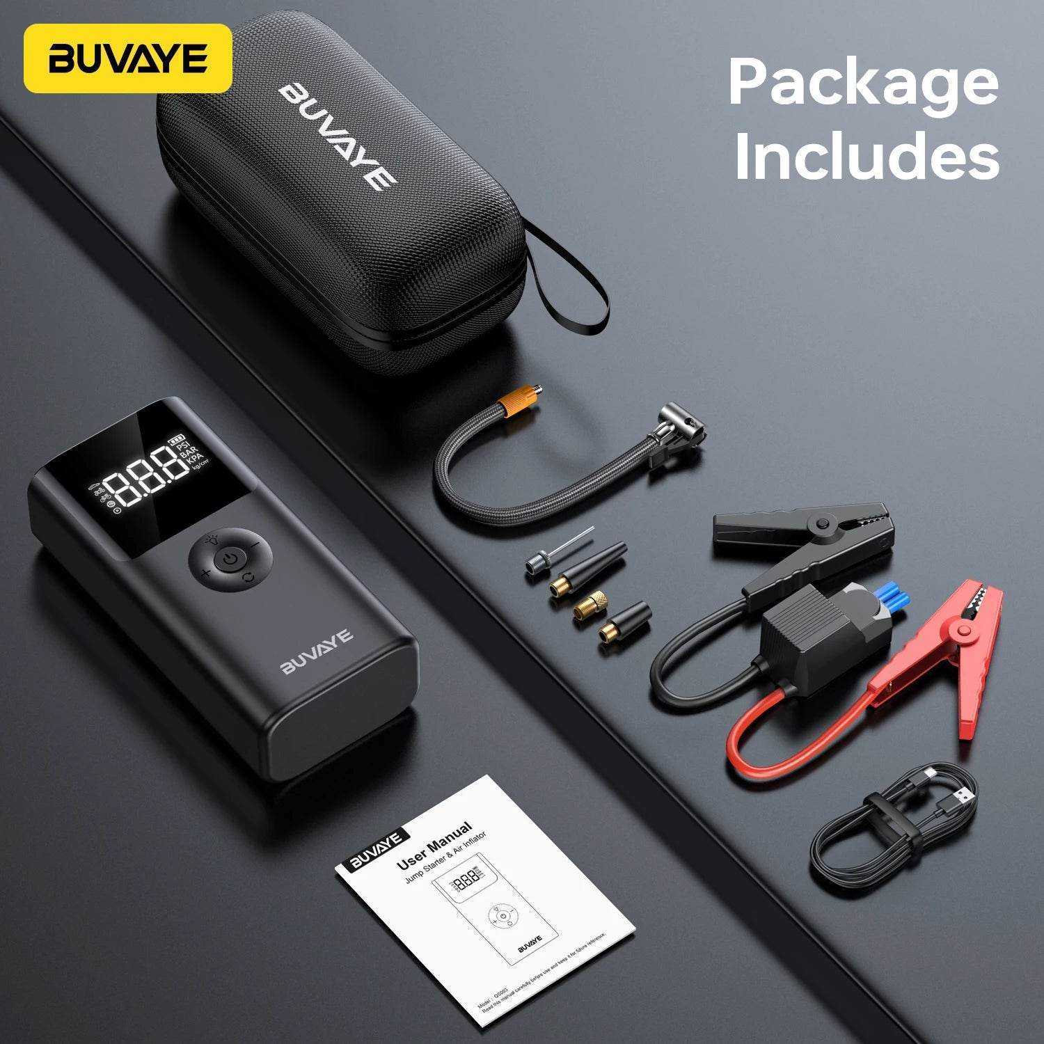 BUVAYE 2500A Portable Car Jump Starter 4-in-1 – 12V Battery Booster with 150PSI Air Pump for Gasoline & Diesel Engines - black