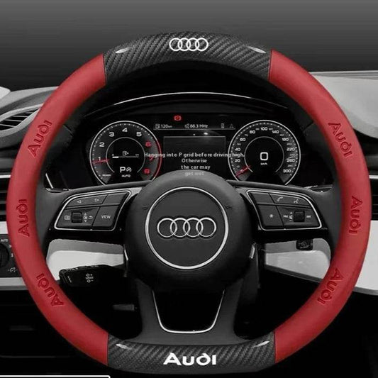 Audi Carbon Fiber Leather Steering Wheel Cover - D Carbon Red