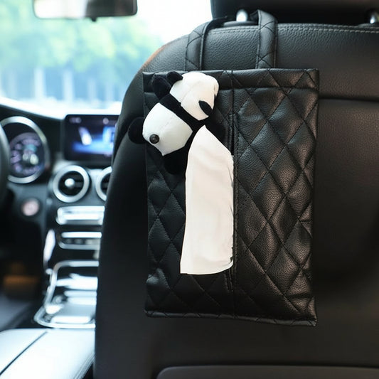 Leather Car Tissue Box Holder - Cute Panda Design Headrest Mount