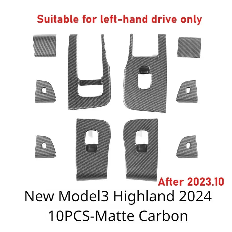 Tesla Model Y/3/3+ Highland Window Switch Button Covers – Trim Frame Stickers (2017–2024) - Matte Carbon New M3