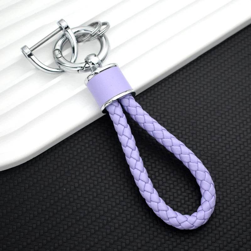 Braided Leather Keychain Loop with Metal Ring - Silver-Lavender