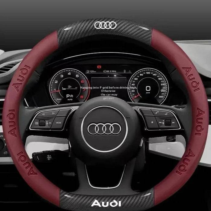 Audi Carbon Fiber Leather Steering Wheel Cover - D Carbon Wine Red
