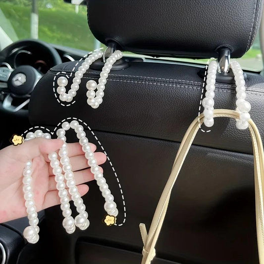 2pcs Stainless Steel Car Headrest Hooks White Pearl Half Open Design