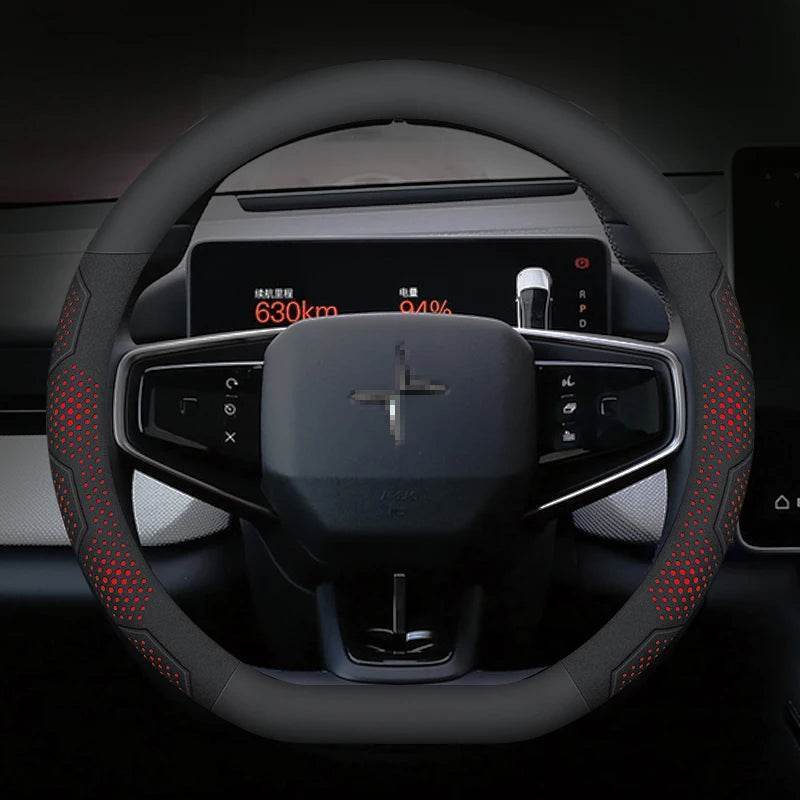 Polestar Carbon Fiber Suede Steering Wheel Cover - D Leather Red