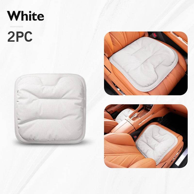 Car Seat Cushion – Leather, Waist Support, Four Seasons Protector - White Seat 2PC