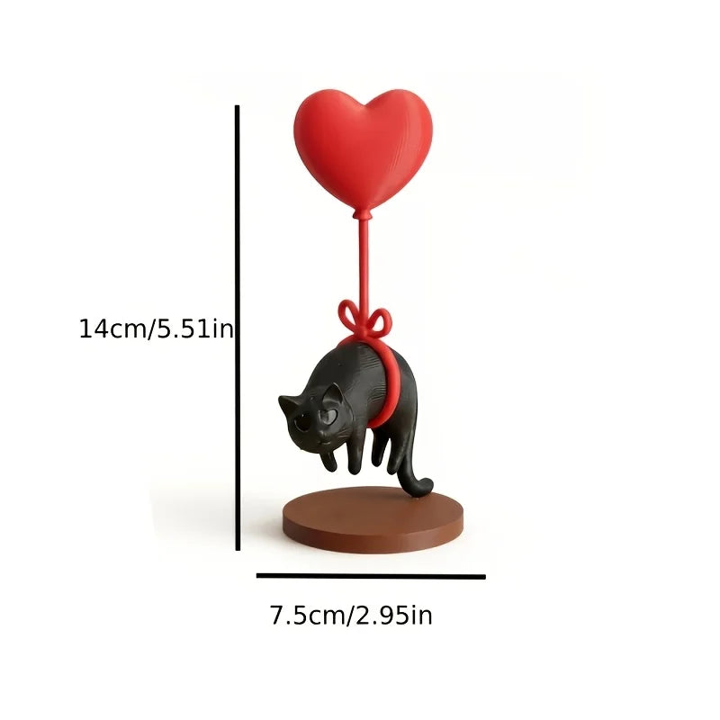 Floating Cat Statue With Heart Balloon Desk Ornament Gift