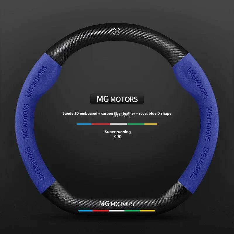 MG Carbon Fiber & Suede Steering Wheel Cover - Blue D-shaped