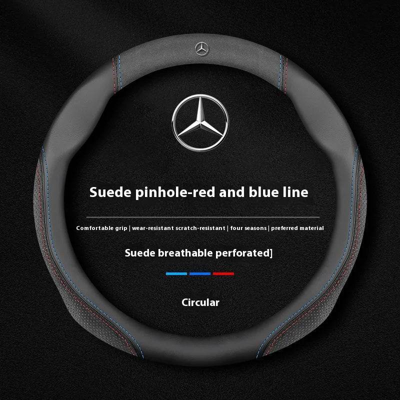 Mercedes Suede Leather Steering Wheel Cover - O Suede Blue Red