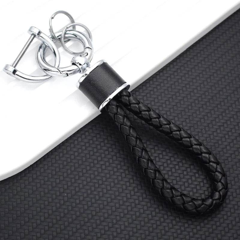 Braided Leather Keychain Loop with Metal Ring - Silver- Black