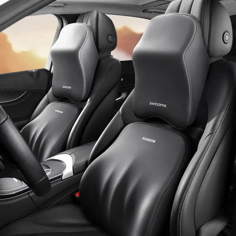 Ergonomic Car Lumbar & Neck Support Pillow Set – Memory Foam Cushion for Back & Headrest - Black Set