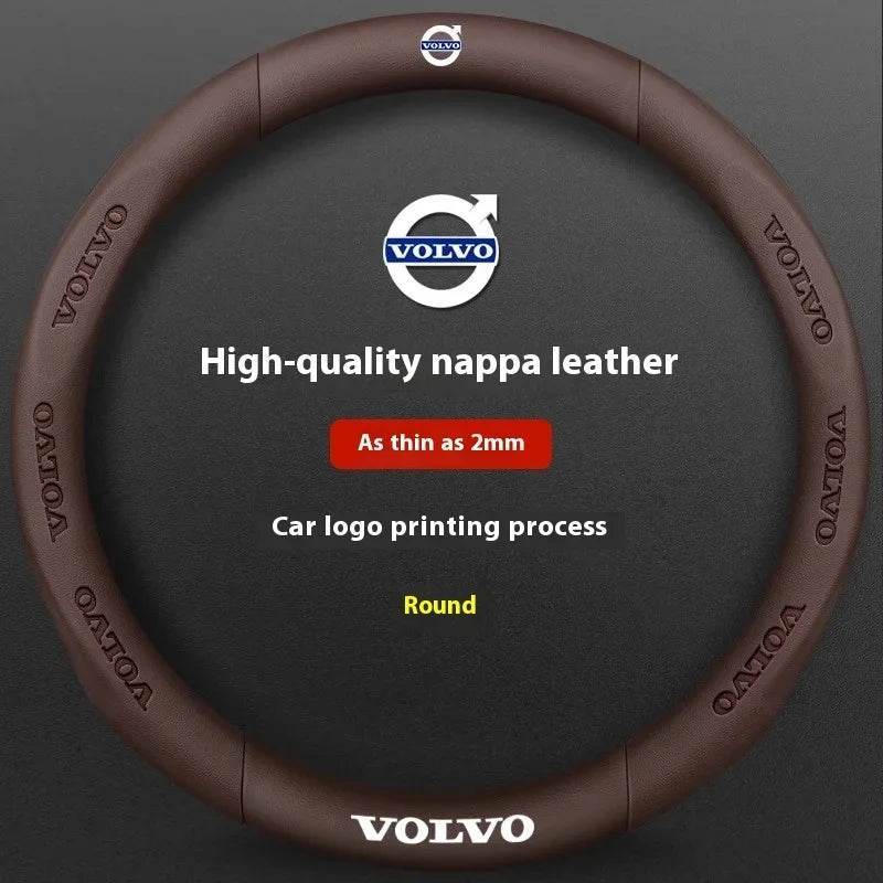 Volvo Carbon Fiber Leather Steering Wheel Cover - Leather Brown