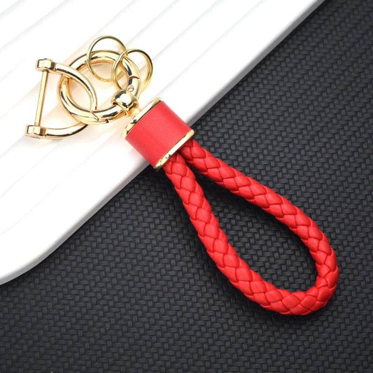 Braided Leather Keychain Loop with Metal Ring - Golden - Red
