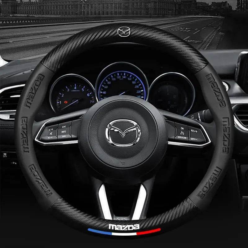 Mazda Carbon Fiber Leather Steering Wheel Cover – Fits 3, 5, 6, CX-5, CX-30, MX-5, RX-8, BT-50 - Carbon fiber