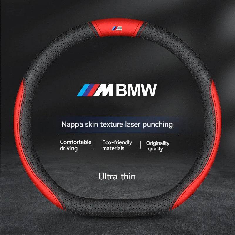 BMW Carbon Fiber Suede Leather Steering Wheel Cover - D-M Style A red