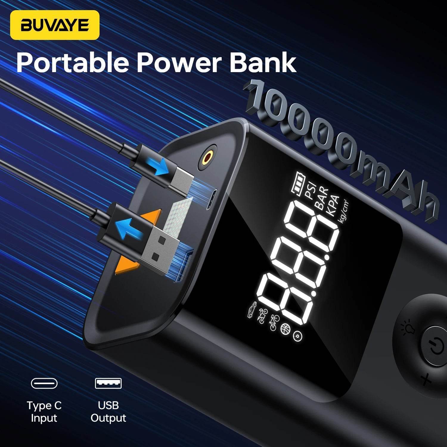 BUVAYE 2500A Portable Car Jump Starter 4-in-1 – 12V Battery Booster with 150PSI Air Pump for Gasoline & Diesel Engines - black