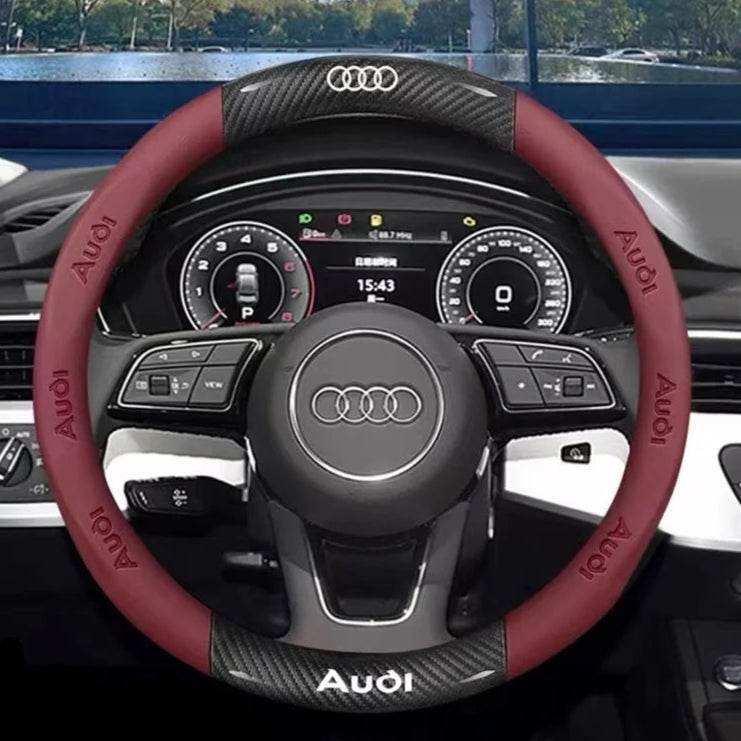 Audi Carbon Fiber Leather Steering Wheel Cover - O Carbon Wine Red