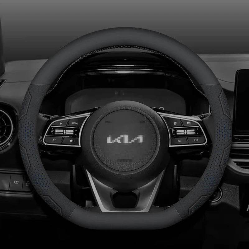 Kia Carbon Fiber Suede Steering Wheel Cover - D Leather Blue