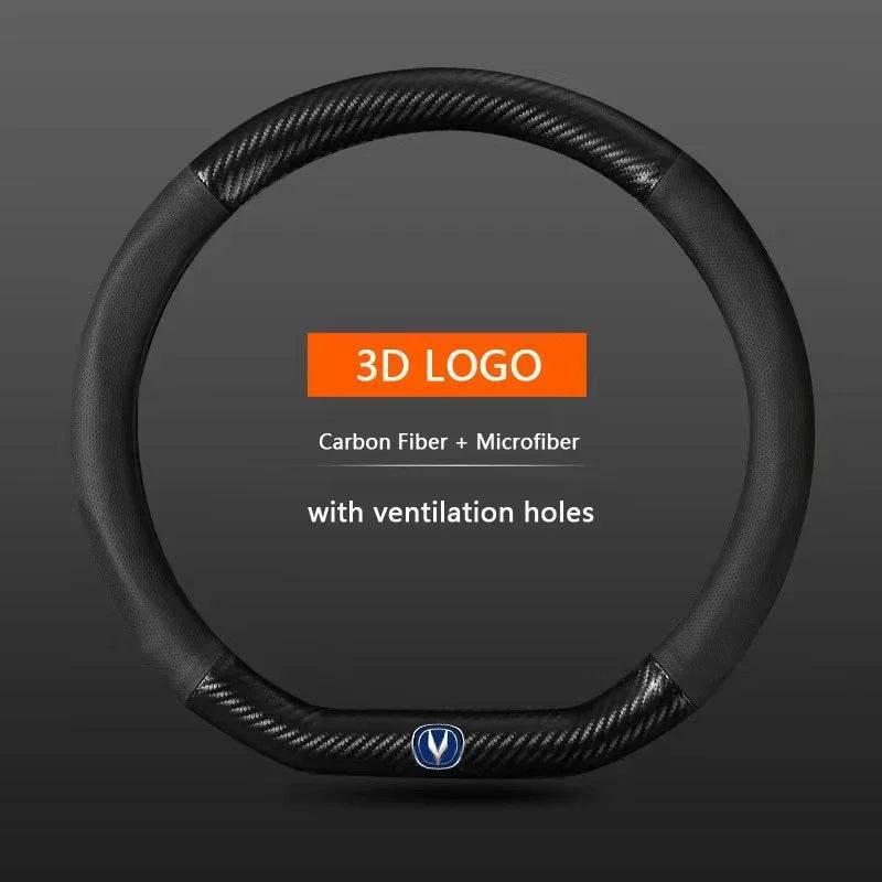 Carbon Fiber Leather Steering Wheel Cover with 3D Logo – Fits CS75 PLUS, CS95, CS35, Alsvin, CS15, CS55, Eado - Round